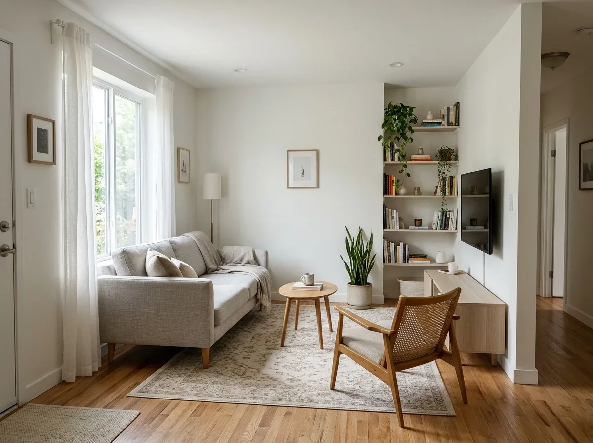 A small living room with appropriately scaled furniture and clear pathways.