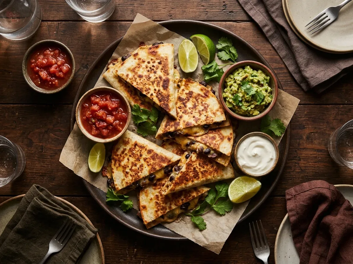Crispy black bean and cheese quesadillas served with salsa, guacamole, and lime wedges.