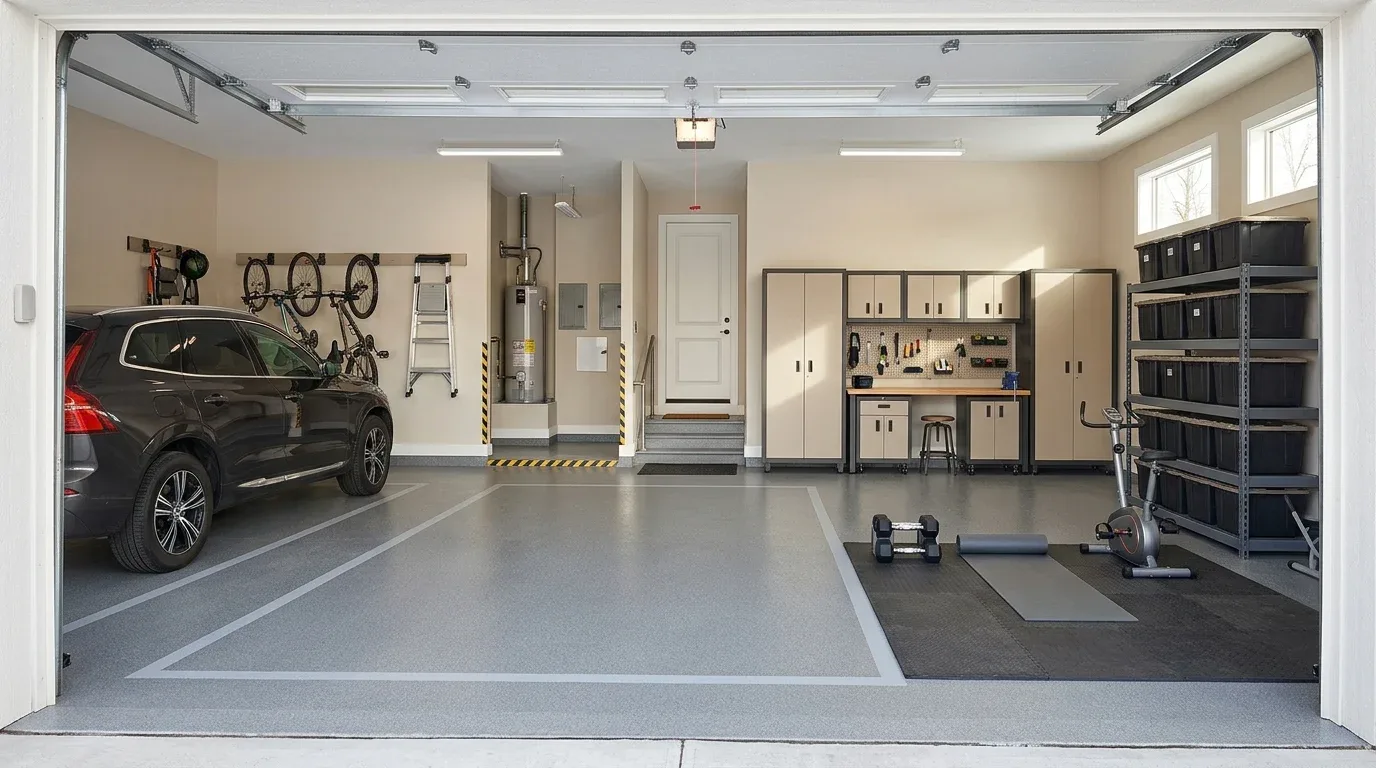 Well-organized garage divided into clear zones for parking, tools, seasonal storage, and exercise.