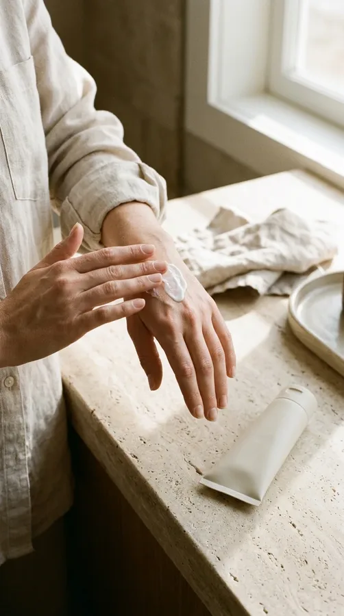 Woman moisturizing her hands beside sunscreen to illustrate daily care for exposed skin.