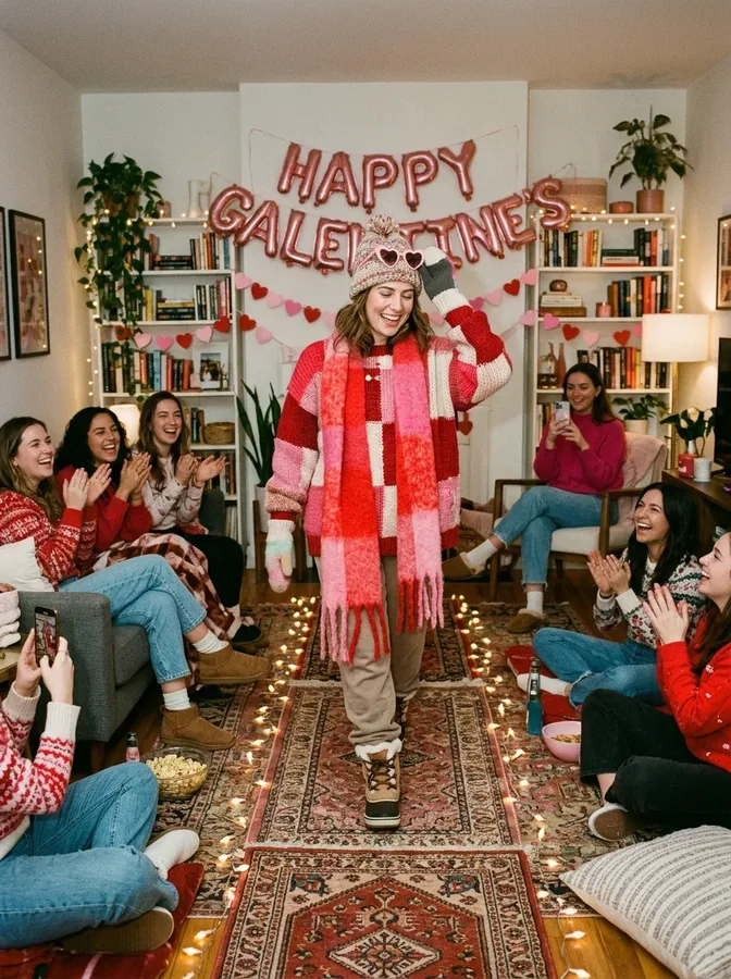 A friend modeling a creative winter outfit during a Galentine's fashion challenge.
