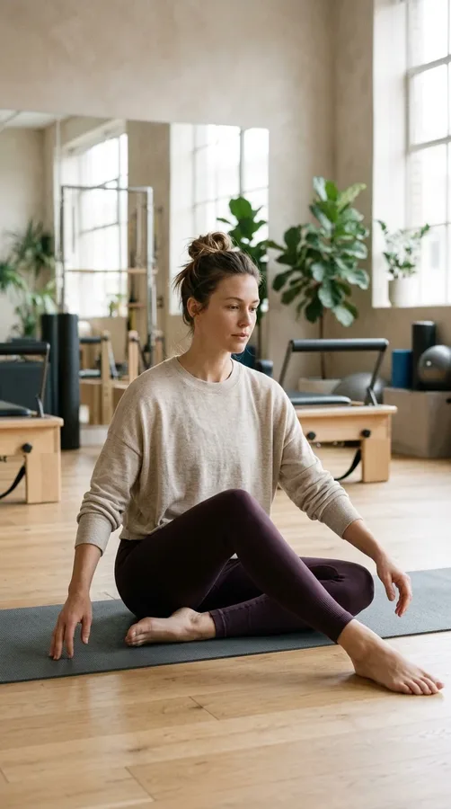 Seamless plum leggings and a soft oatmeal athletic sweater suit low-impact winter workouts.