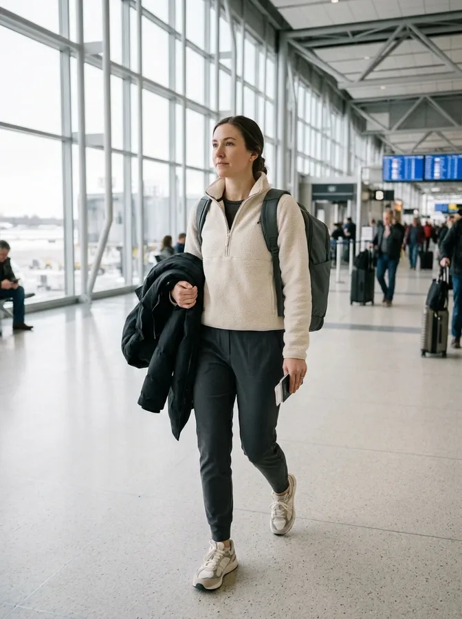 Cream fleece half-zip with tailored joggers, neutral sneakers, and backpack for a comfortable winter flight.