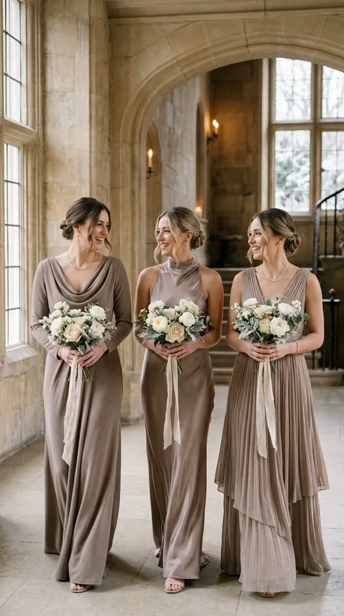 Taupe bridesmaid dresses with ivory flowers in a timeless neutral wedding palette.