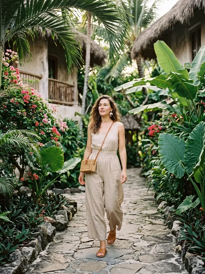 Lightweight sand-colored jumpsuit styled with flat sandals for tropical sightseeing.