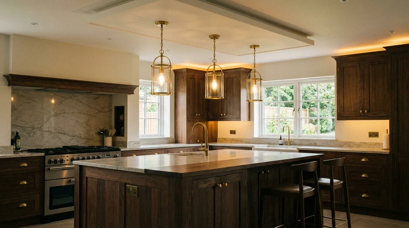 False ceiling panel framing pendant lights above a kitchen island