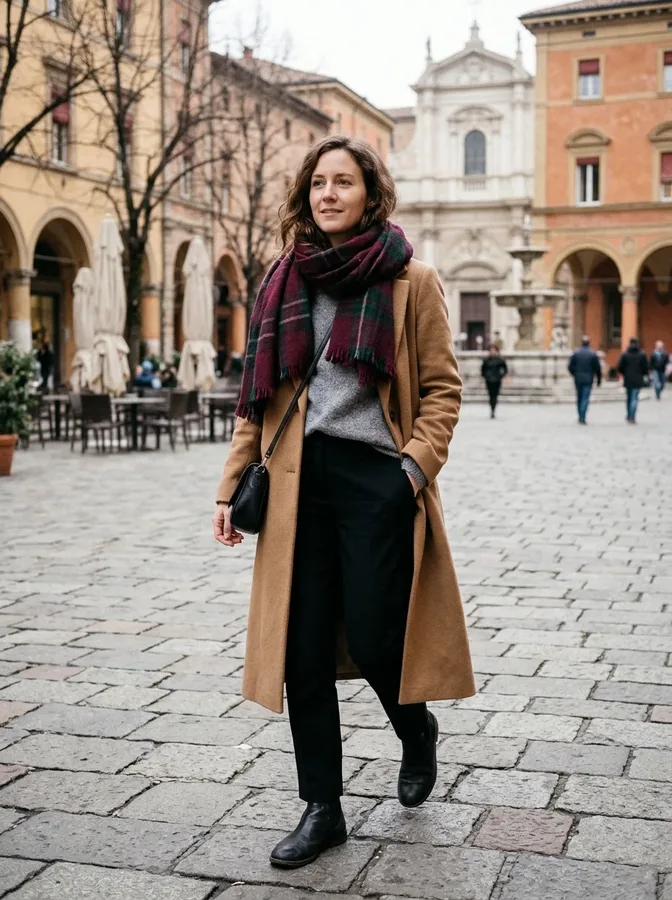 Neutral winter basics styled with a burgundy and forest-green statement scarf in an Italian piazza.
