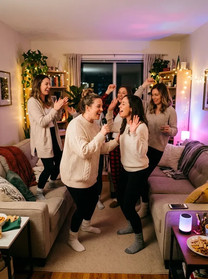 Friends singing karaoke and dancing together during a lively winter girls' night at home.