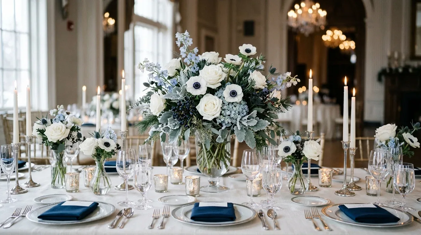 Blue and white winter wedding centerpiece with elegant flowers, silver candleholders, and ivory linens.