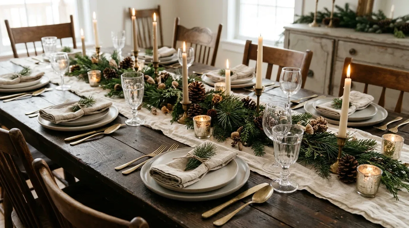 Elegant winter farmhouse tablescape with evergreen sprigs, neutral linens, stoneware, and candleholders.