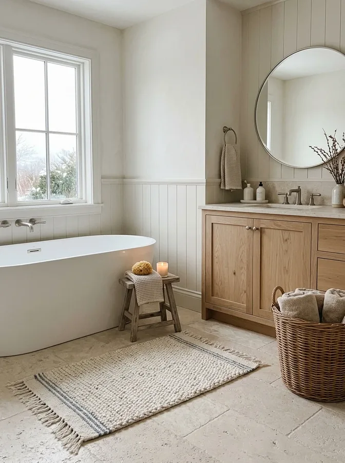 Soft ivory coastal bathroom rug beside a white bathtub with natural seaside-inspired decor.