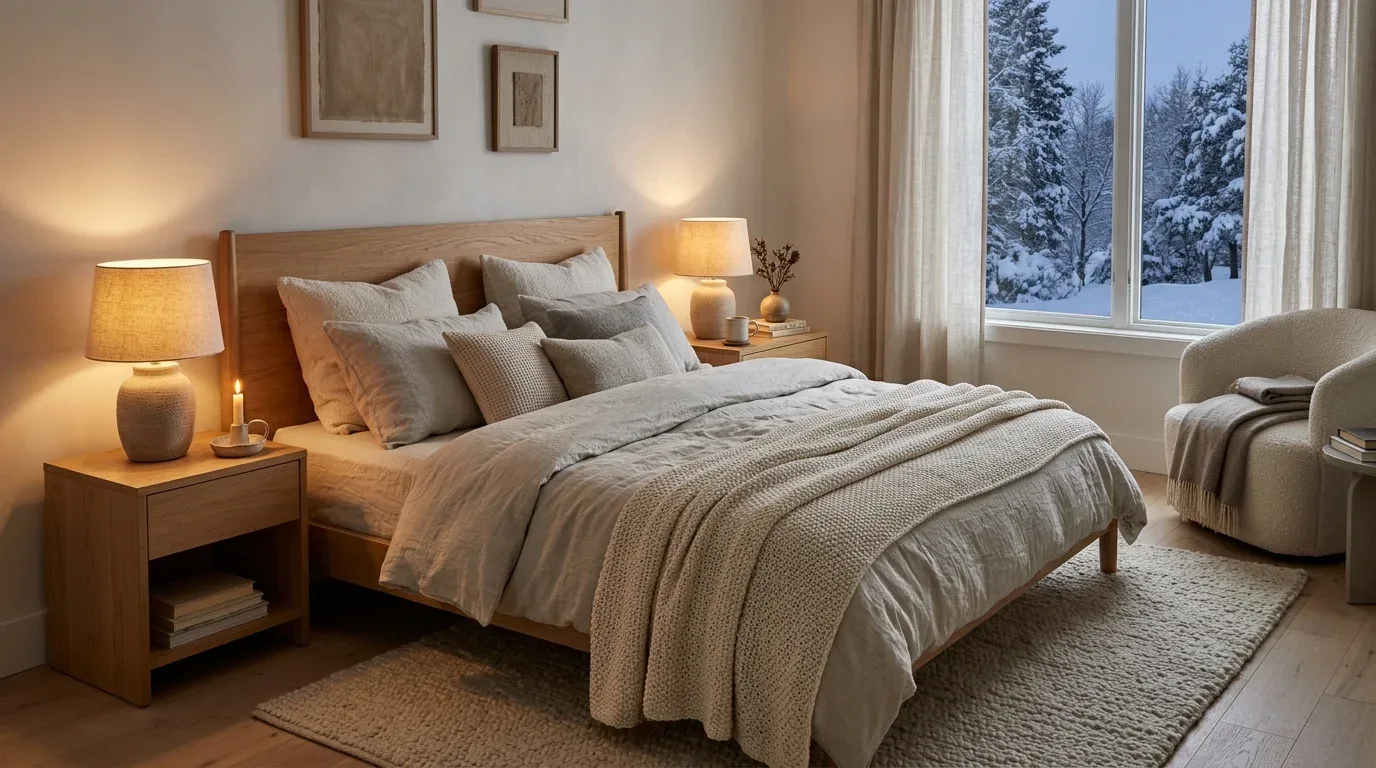 Hygge-inspired Scandinavian winter bedroom with cozy bedding and warm ambient lighting.