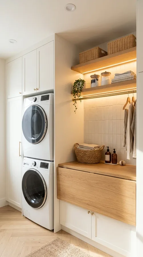 Well-lit stacked laundry room with recessed lights and under-cabinet LED illumination.