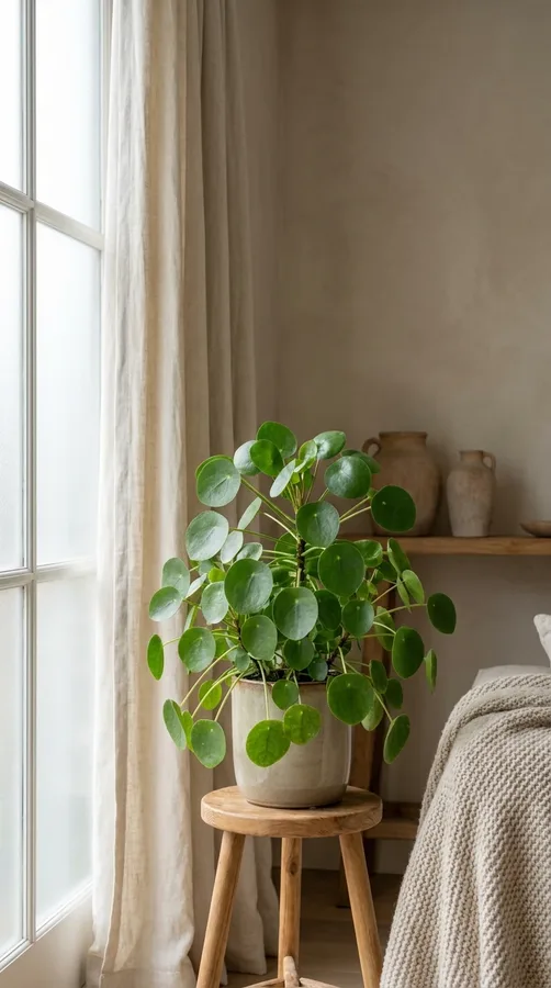 Chinese money plant positioned in bright winter light away from cold drafts.