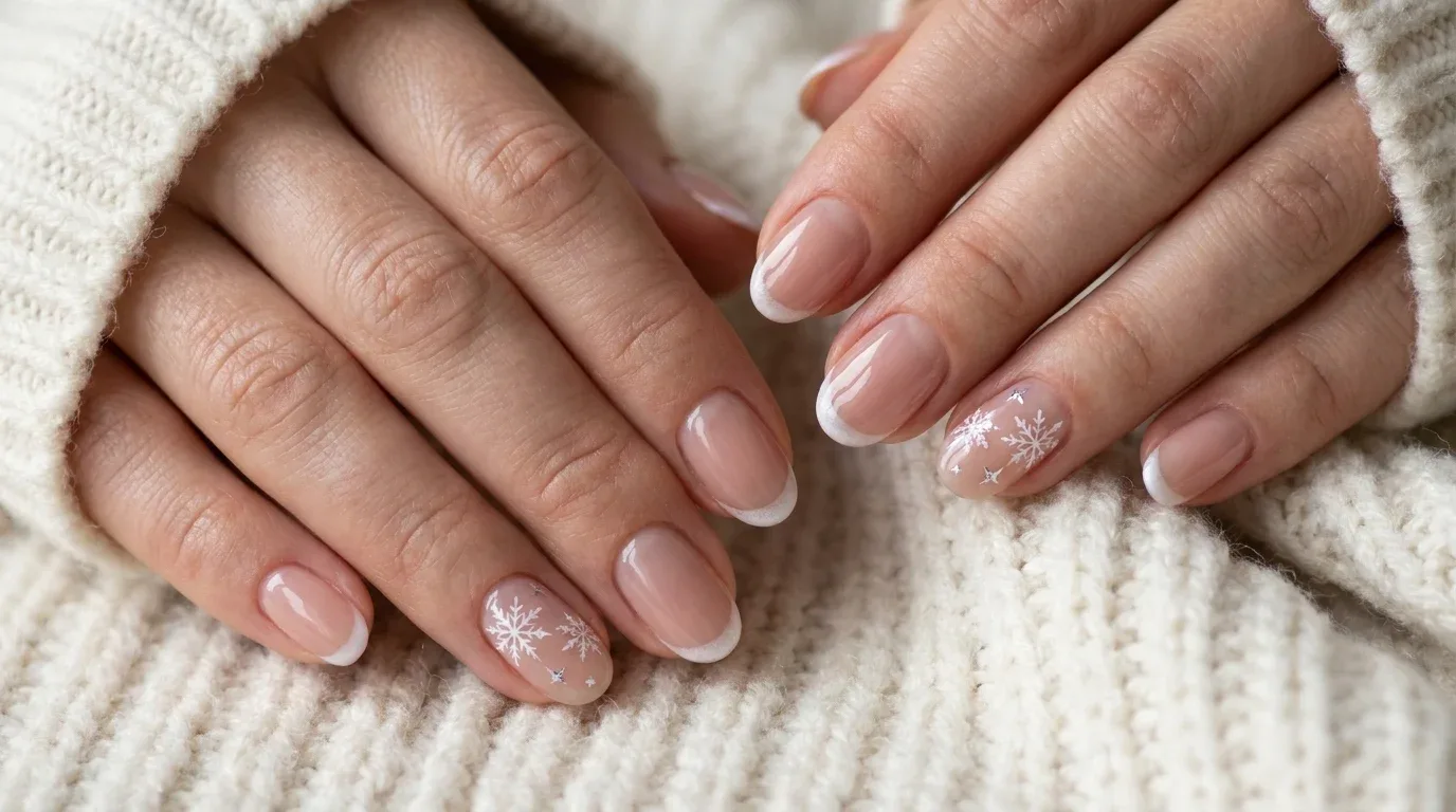 Sheer rosy nude winter nails with frosty French tips, tiny silver stars, and white snowflakes.