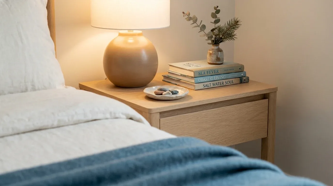 Minimalist coastal nightstand with a ceramic lamp, books, and a small vase of greenery.