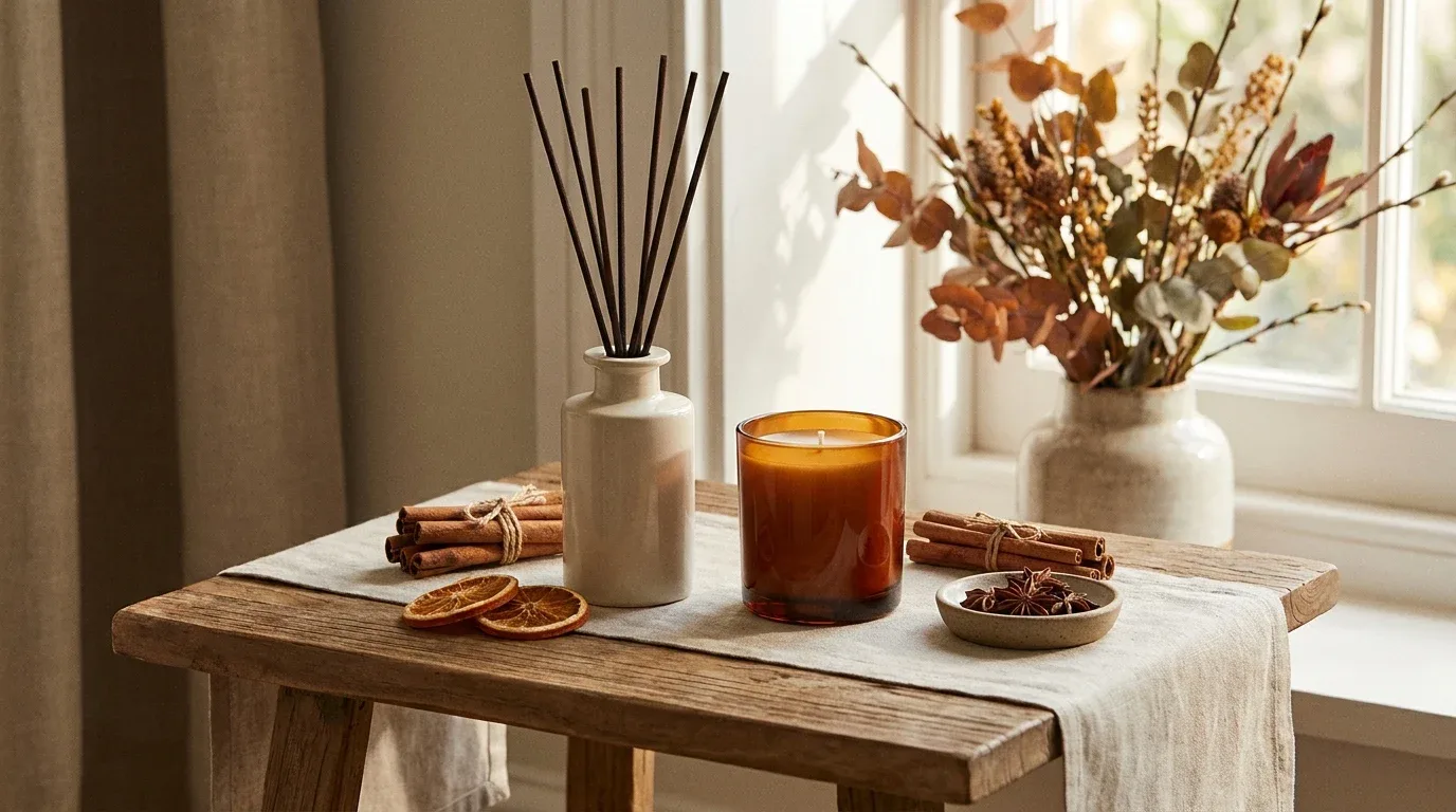 Autumn fragrance display with an amber candle, reed diffuser, cinnamon sticks, and dried orange slices.