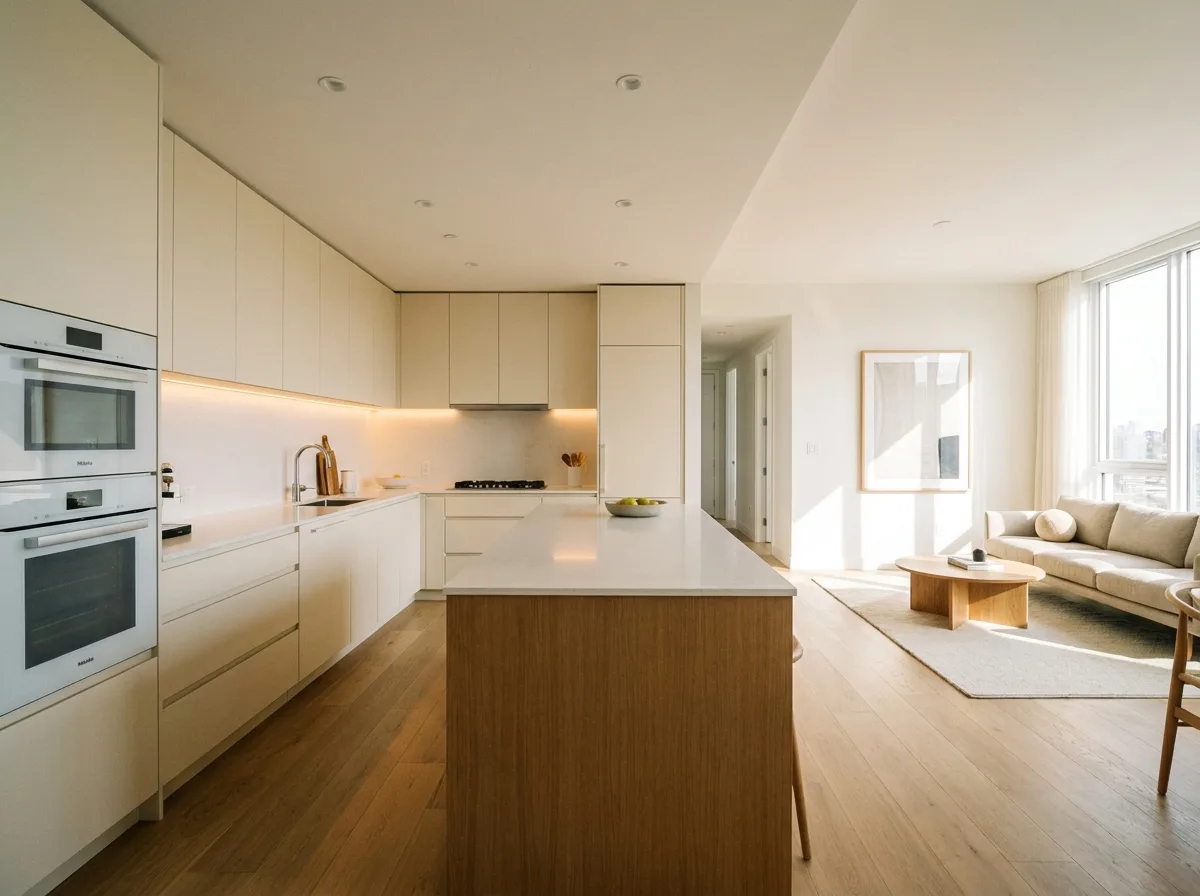 Open kitchen with potted herbs, indoor greenery, natural wood accents, and bright neutral finishes.