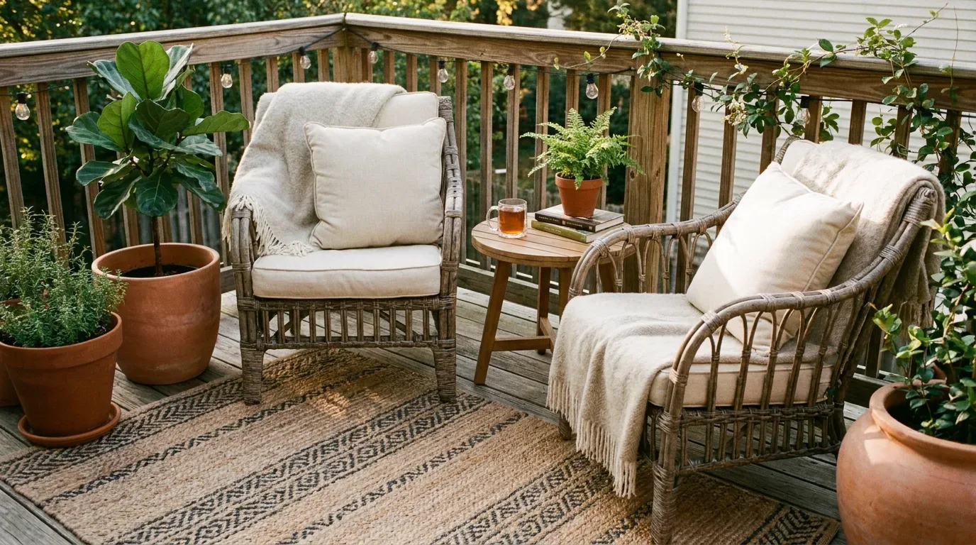 Cozy two-chair corner on a small backyard deck