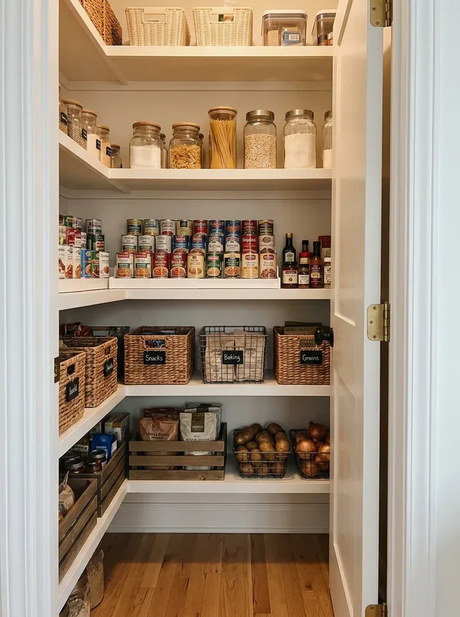 A pantry shopping list helps track low supplies and prevent duplicate grocery purchases.