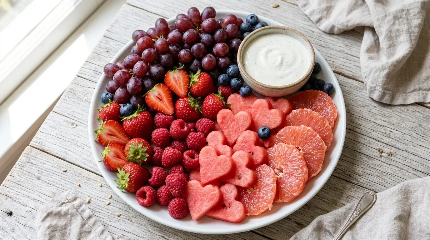 Pink fruit platter with strawberries, raspberries, watermelon hearts, grapes, and yogurt dip.