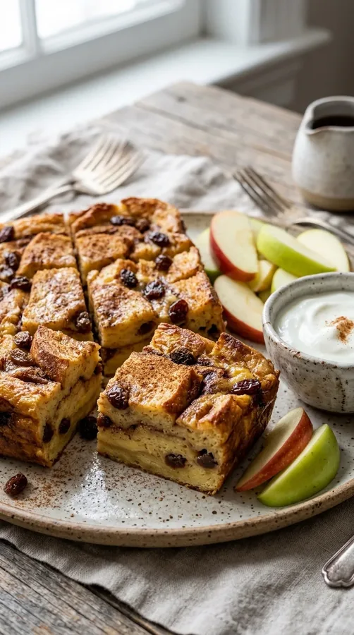 Cinnamon raisin baked French toast squares served with sliced apples and yogurt.