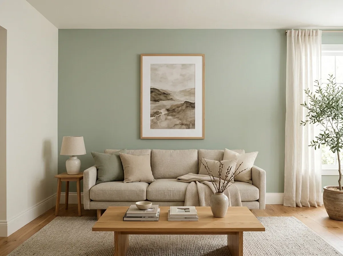 A clean, polished living room wall with well-scaled artwork and carefully finished paint.