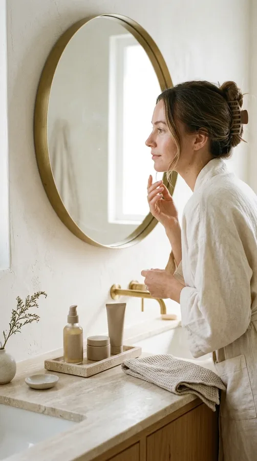Woman following a consistent, simple daily skincare routine with essential products.