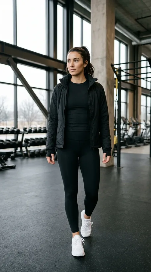 An all-black gym outfit with contrasting white trainers creates a versatile winter look.