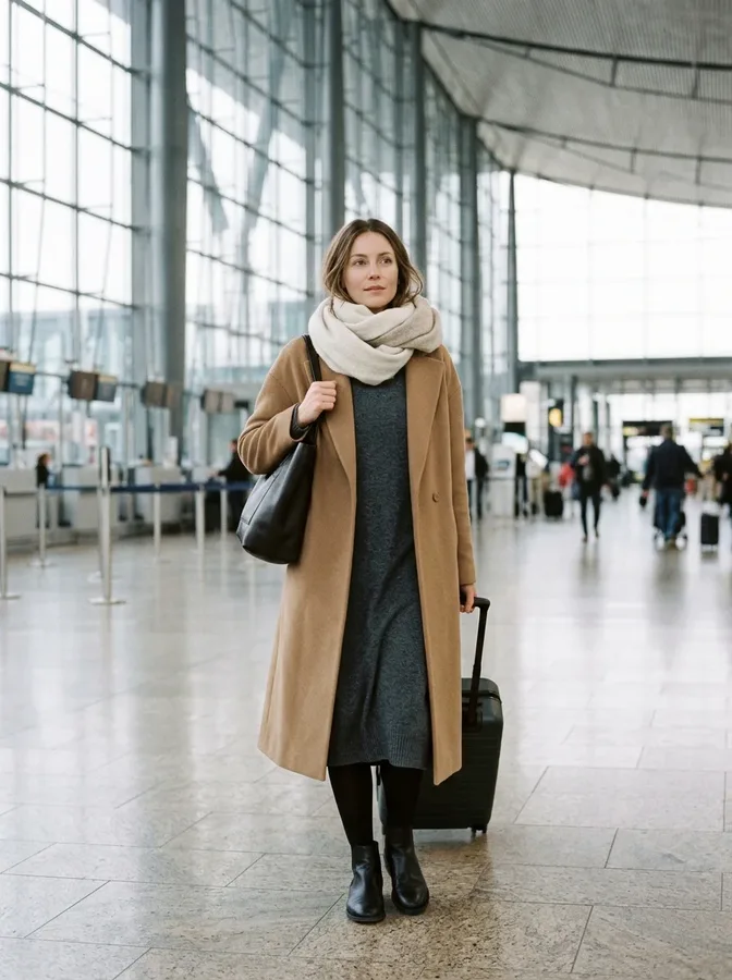 Charcoal sweater dress with opaque tights, flat ankle boots, and a camel coat for winter airport travel.