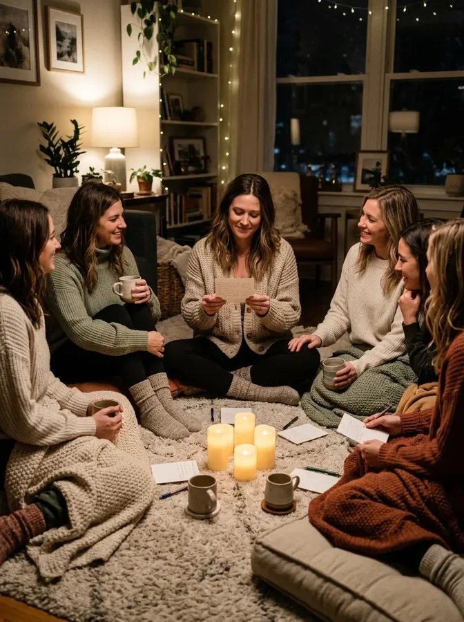 Friends sharing handwritten appreciation notes during a warm and meaningful winter gratitude circle.
