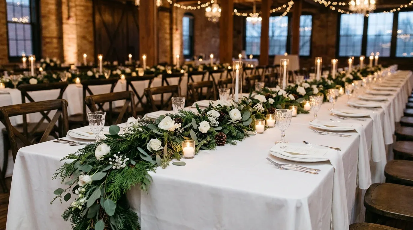 Long banquet table with an evergreen wedding garland, white flowers, and glowing votive candles.