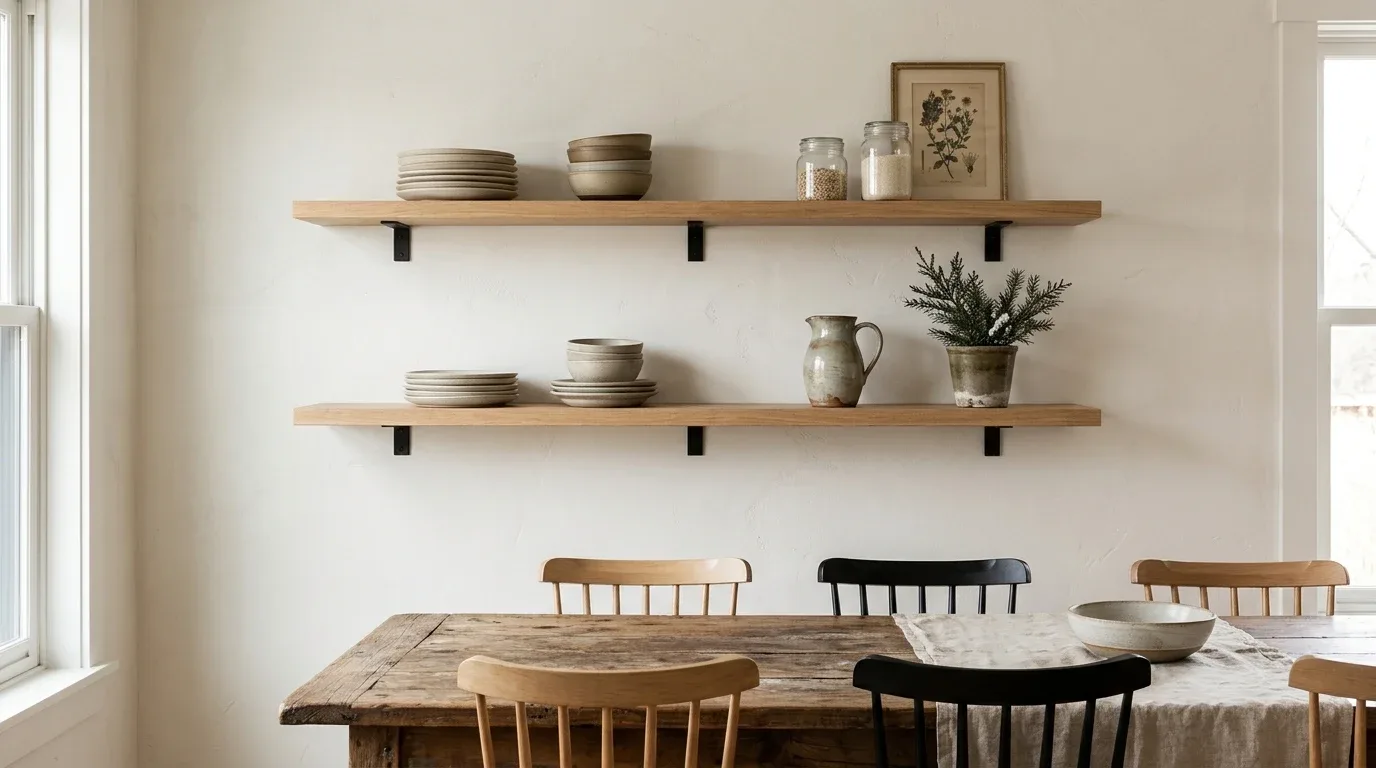 Open wooden dining room shelves displaying neutral stoneware, glass jars, and curated farmhouse accessories.