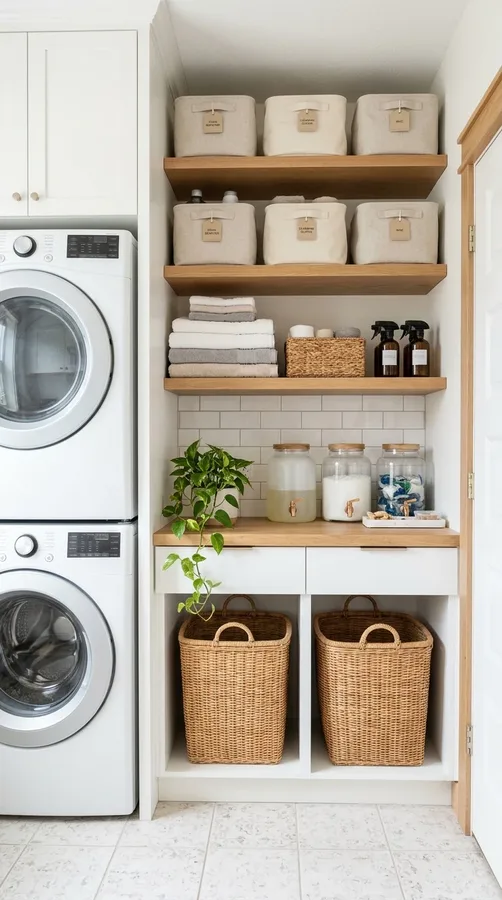 Organized stacked laundry room with matching baskets and labeled storage containers.