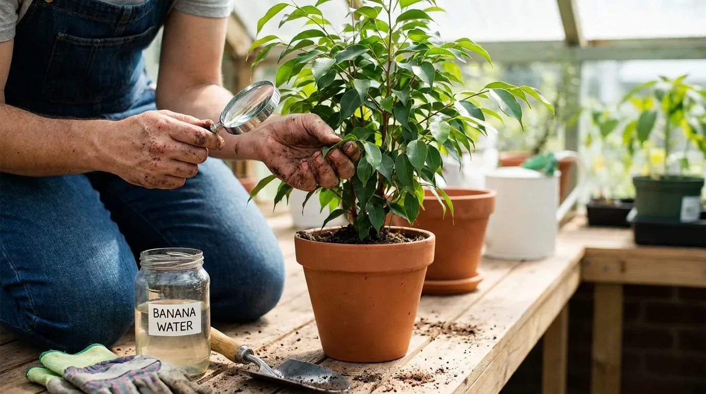 Gardener using banana water during routine watering