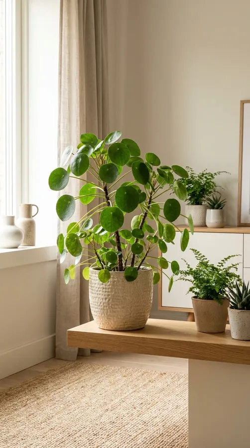 Decorative Chinese money plant displayed in a ceramic pot on a bright shelf.