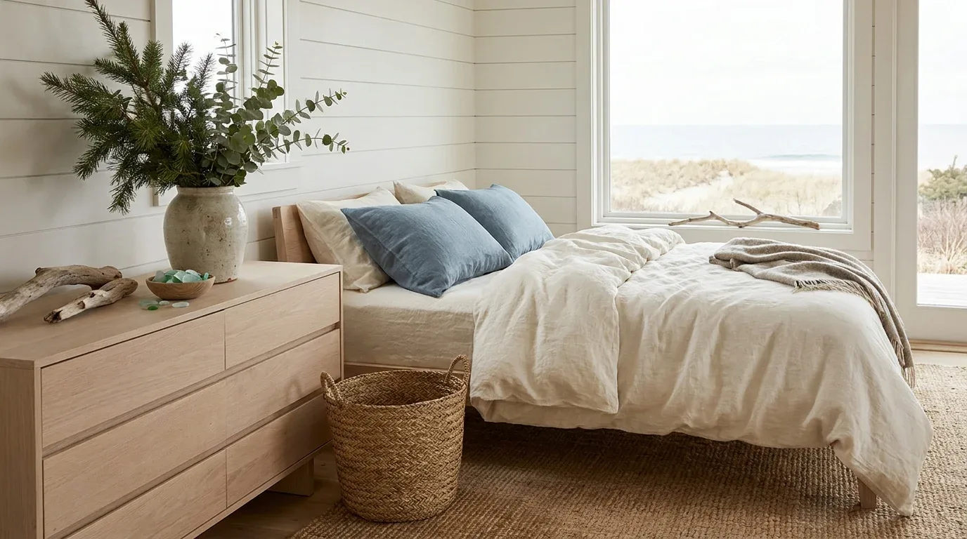 Winter greenery and natural branches in a ceramic vase in a serene coastal bedroom.