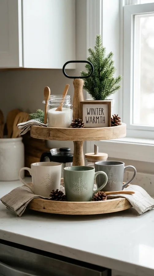 Winter tiered coffee tray featuring seasonal mugs, a sugar jar, and miniature evergreen decor.