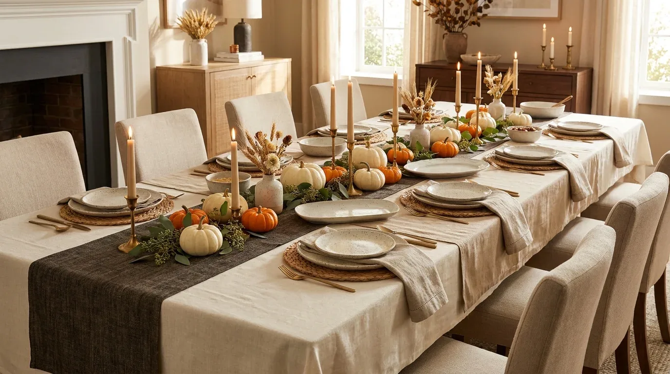 Long Thanksgiving table with layered runners, repeating pumpkin centerpieces, and coordinated place settings.