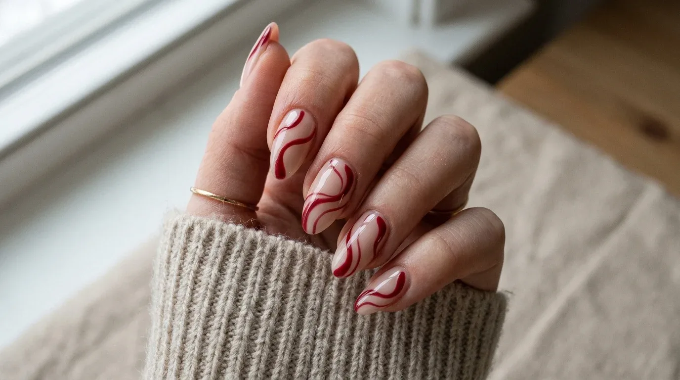 Glossy cherry red Valentine's nails with tiny blush-pink bows for a sweet winter manicure.
