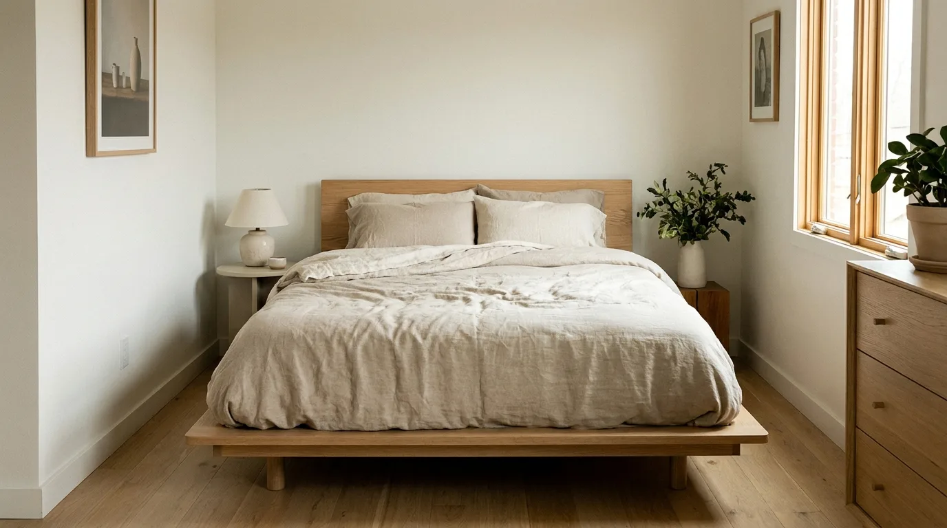 Small Scandinavian-style bedroom with coordinated pale wood, neutral bedding, and subtle sage accents.