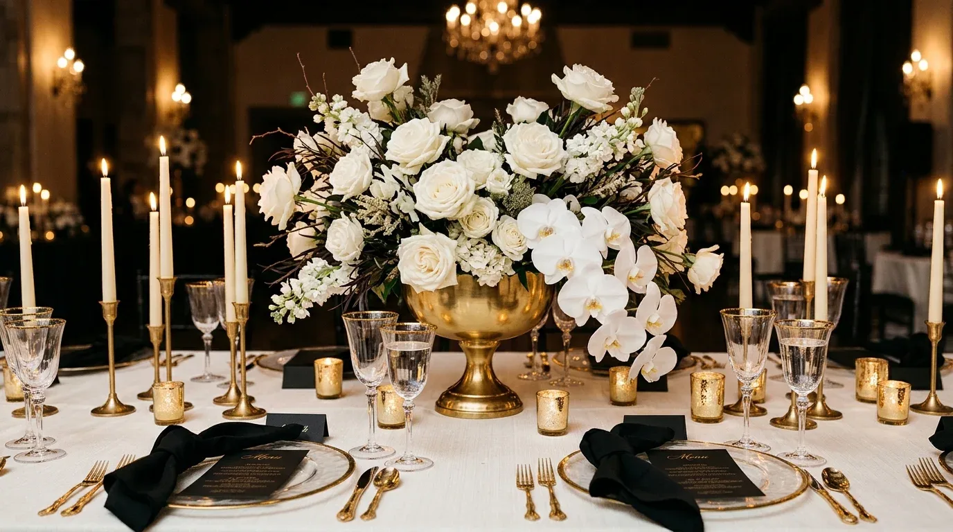 Elegant black, white, and gold winter wedding centerpiece with white flowers and metallic details.