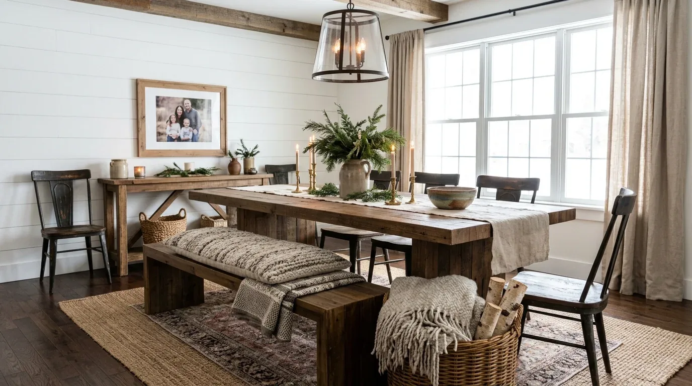 Cozy farmhouse dining room with woven textures, a wool throw, personal decor, and subtle winter greenery.