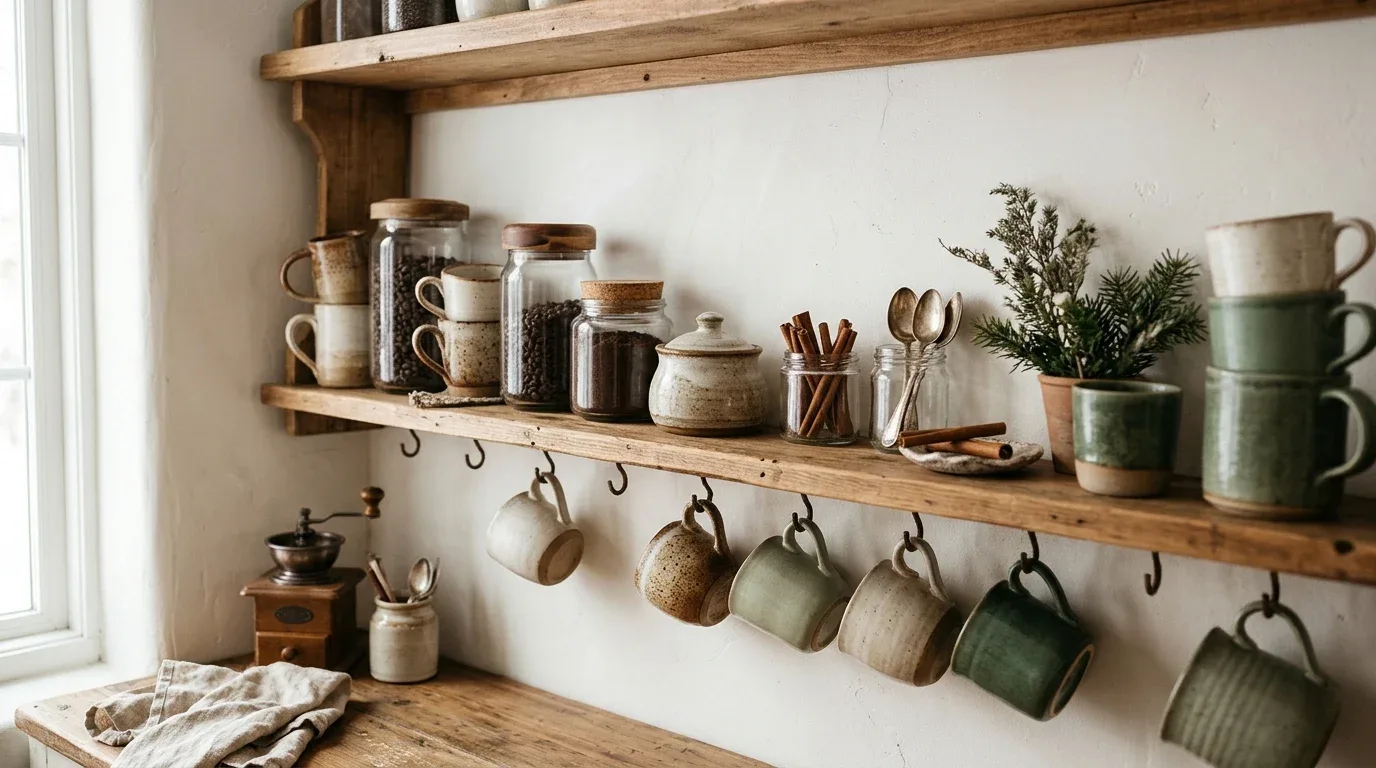 Blue winter kitchen styled with evergreen branches, ceramic bowls, citrus fruit, and natural wood accents.