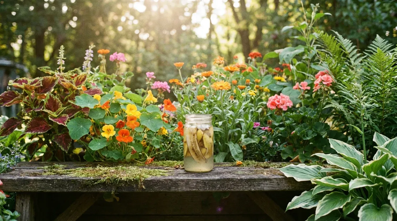 Gardener observing plant growth after using banana water