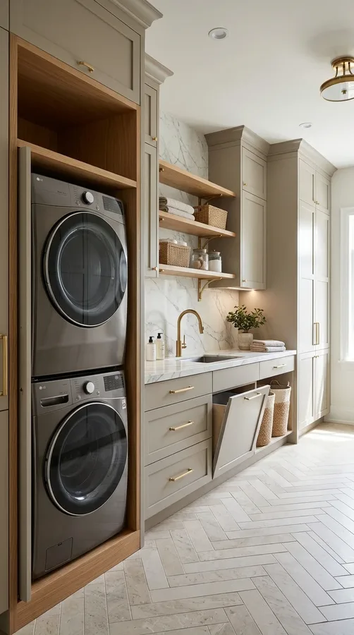 Luxury stacked laundry room with custom cabinetry, marble-look counter and concealed hampers.