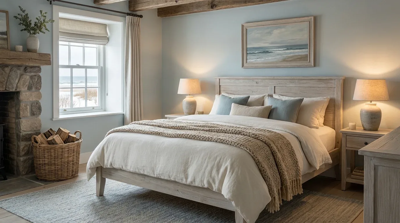 Balanced coastal bedroom combining weathered wood, linen bedding, woven textures, and subtle ocean artwork.