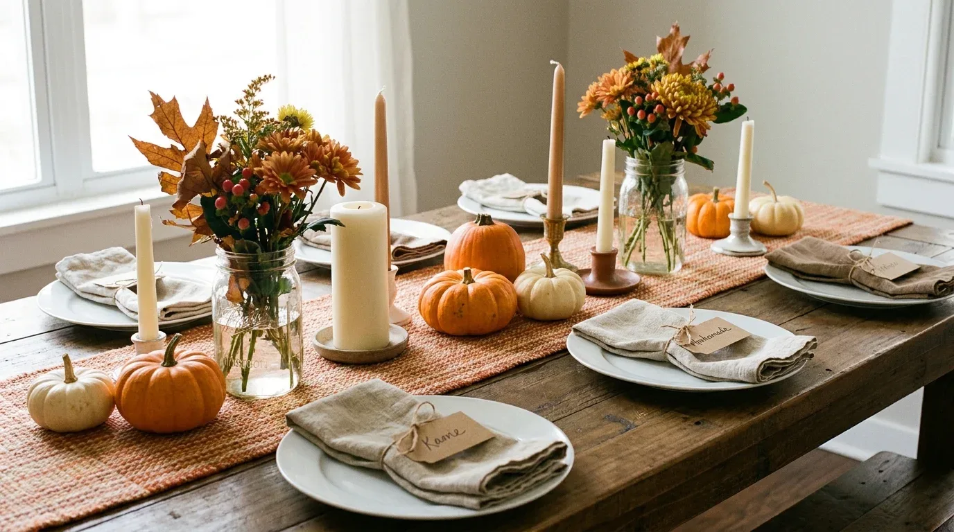 Affordable Thanksgiving tablescape with white dishes, mason jar flowers, homemade place cards, and mini pumpkins.
