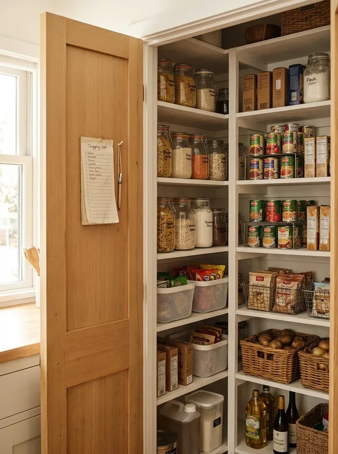 A tidy small pantry after a quick weekly reset, with aligned containers and clear shelves.