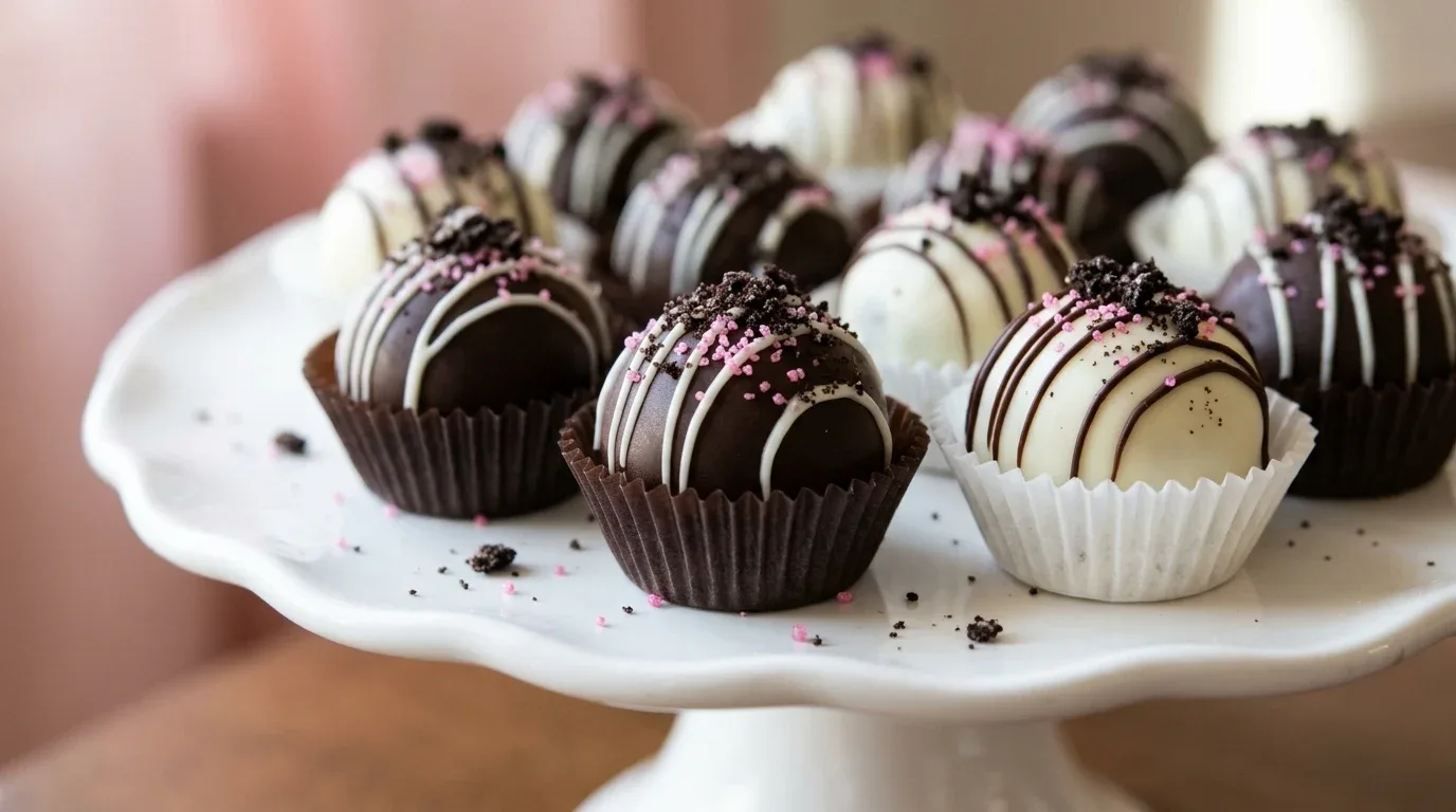 No-bake Oreo truffles coated in chocolate and decorated with pink sprinkles and cookie crumbs.